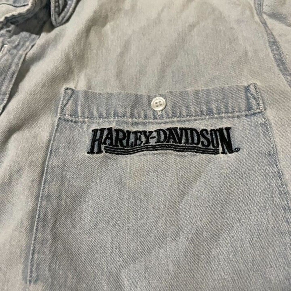 Harley-Davidson Mens XL Light Wash Denim Short Sleeve Button Up Shirt Logo Blue - Picture 2 of 7